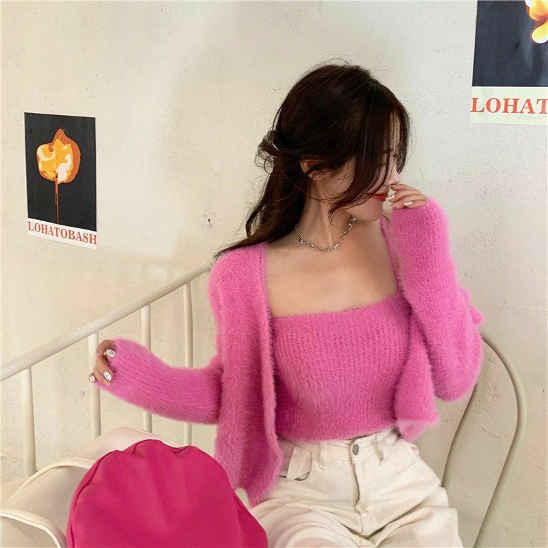 Y2K Grunge Soft Girl Cardigan Camisole Sweater Set - 90s Retro Summer Outfit