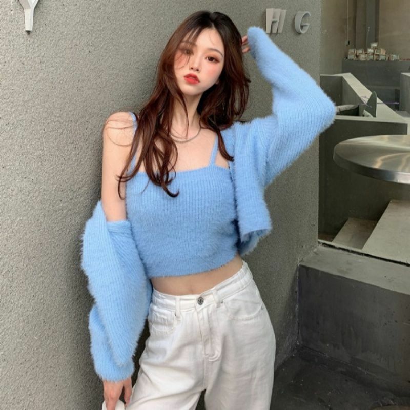 Y2K Grunge Soft Girl Cardigan Camisole Sweater Set - 90s Retro Summer Outfit