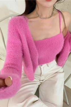 Y2K Grunge Soft Girl Cardigan Camisole Sweater Set - 90s Retro Summer Outfit