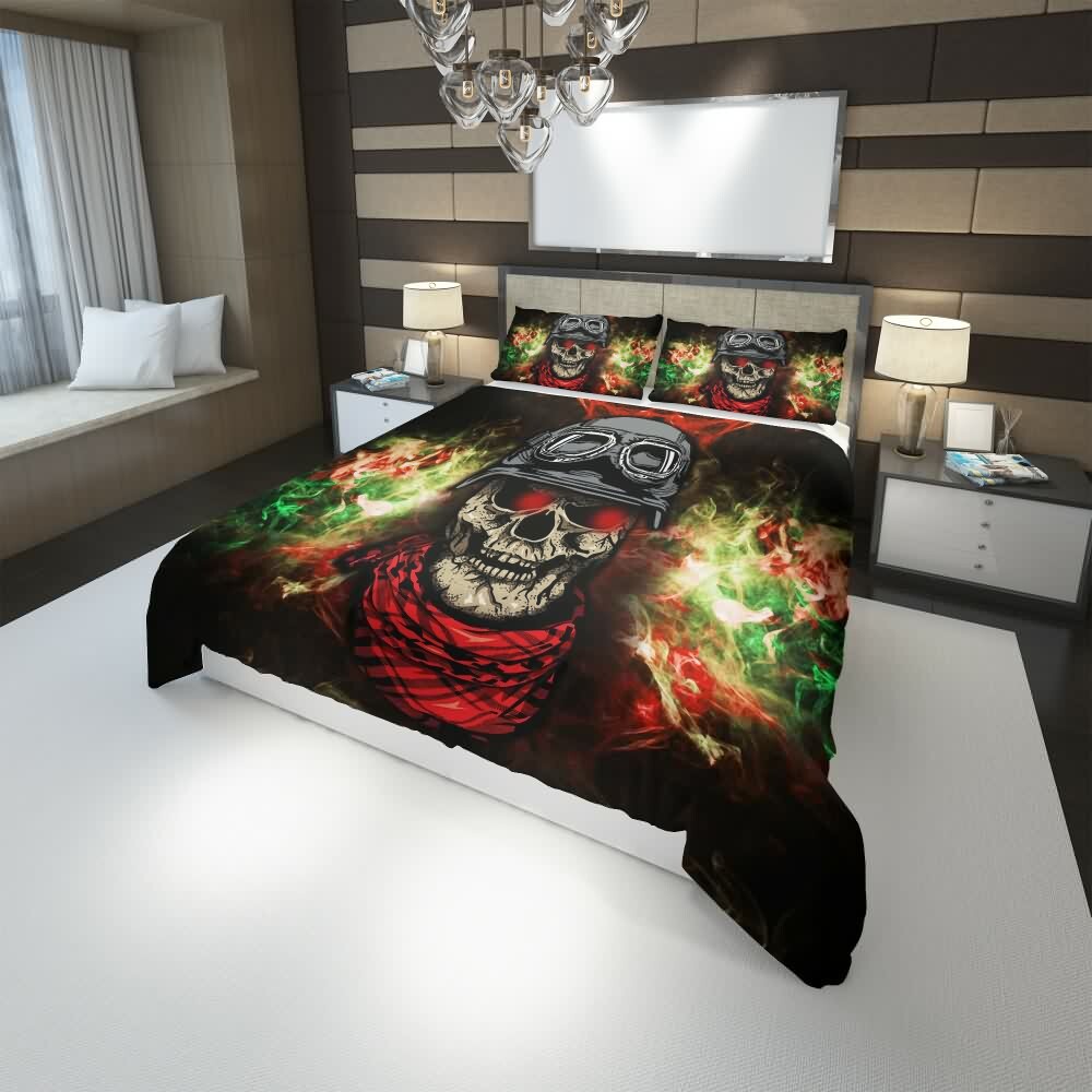 Y2K Grunge Soldier Skull Duvet Cover Set - Retro 90s Fashion, Gothic Y2K, Pastel Goth Style