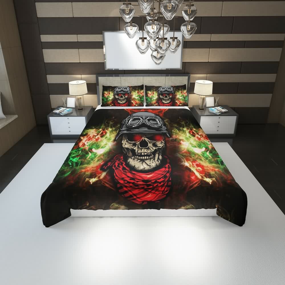 Y2K Grunge Soldier Skull Duvet Cover Set - Retro 90s Fashion, Gothic Y2K, Pastel Goth Style