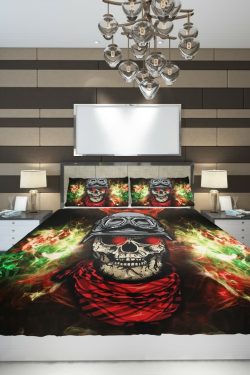 Y2K Grunge Soldier Skull Duvet Cover Set - Retro 90s Fashion, Gothic Y2K, Pastel Goth Style