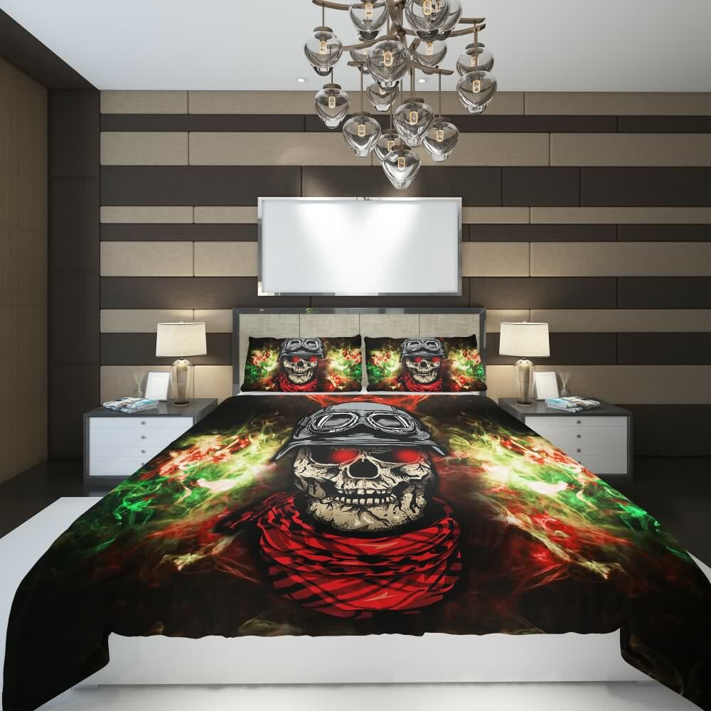 Y2K Grunge Soldier Skull Duvet Cover Set - Retro 90s Fashion, Gothic Y2K, Pastel Goth Style