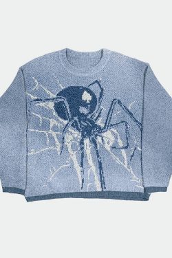 Y2K Grunge Spider Knit Sweater - Retro 90s Fashion, Summer Y2K Outfits, Pastel Goth Style