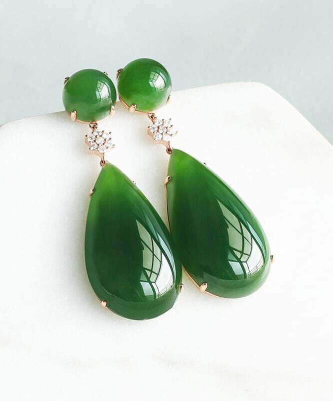 Y2K Grunge Spinach Green Jade Zircon Water Drop Earrings - Retro 90s Fashion Statement Jewelry