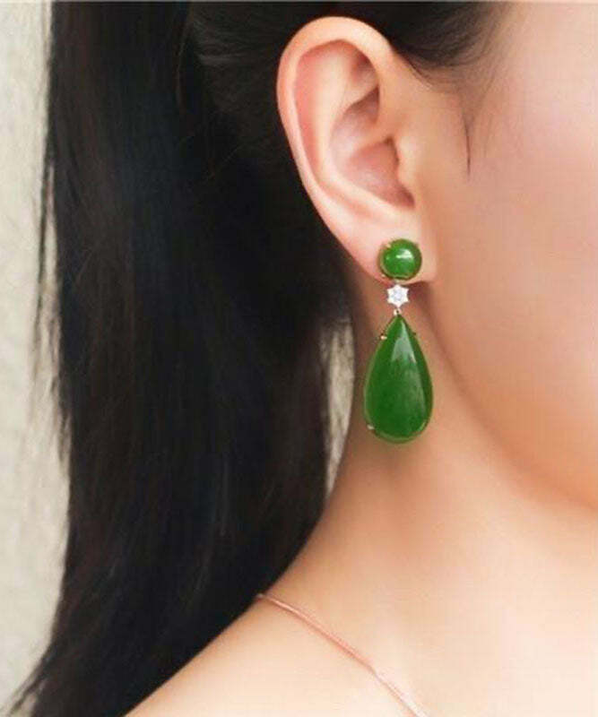 Y2K Grunge Spinach Green Jade Zircon Water Drop Earrings - Retro 90s Fashion Statement Jewelry