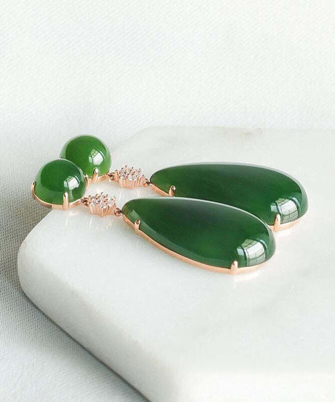 Y2K Grunge Spinach Green Jade Zircon Water Drop Earrings - Retro 90s Fashion Statement Jewelry