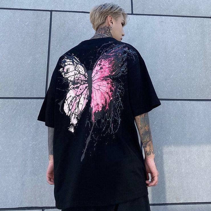 Y2K Grunge Splattered Butterfly Tee - Retro 90s Fashion, Summer Y2K Outfits, Pastel Goth Style