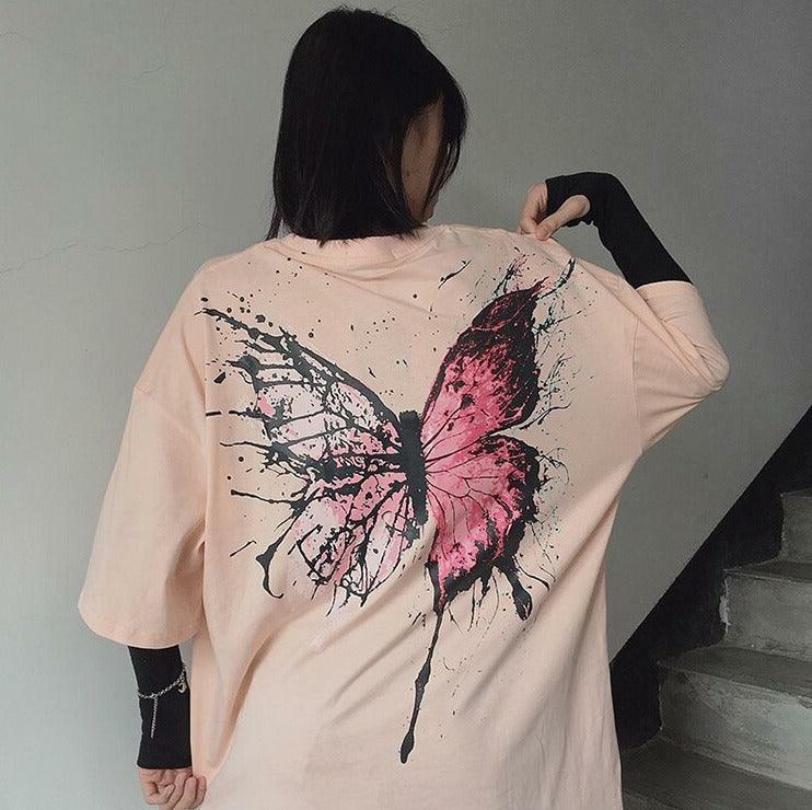 Y2K Grunge Splattered Butterfly Tee - Retro 90s Fashion, Summer Y2K Outfits, Pastel Goth Style