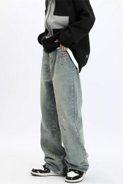 Y2K Grunge Splattered Washed Denim Jeans - Retro 90s Fashion, Summer Y2K Outfits