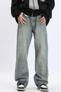 Y2K Grunge Splattered Washed Denim Jeans - Retro 90s Fashion, Summer Y2K Outfits