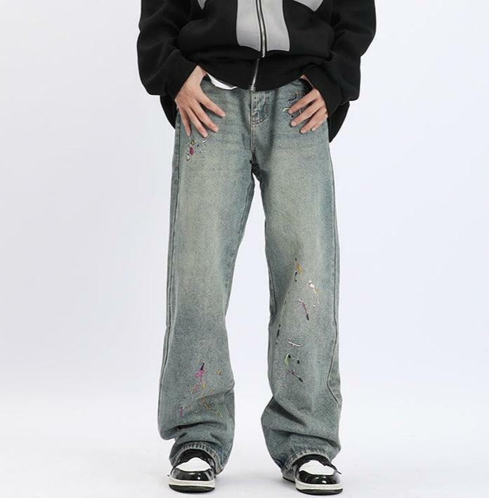 Y2K Grunge Splattered Washed Denim Jeans - Retro 90s Fashion, Summer Y2K Outfits