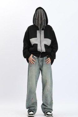 Y2K Grunge Splattered Washed Denim Jeans - Retro 90s Fashion, Summer Y2K Outfits
