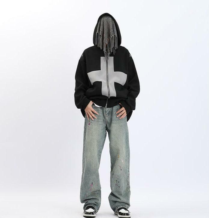 Y2K Grunge Splattered Washed Denim Jeans - Retro 90s Fashion, Summer Y2K Outfits