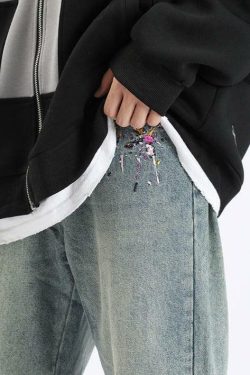 Y2K Grunge Splattered Washed Denim Jeans - Retro 90s Fashion, Summer Y2K Outfits