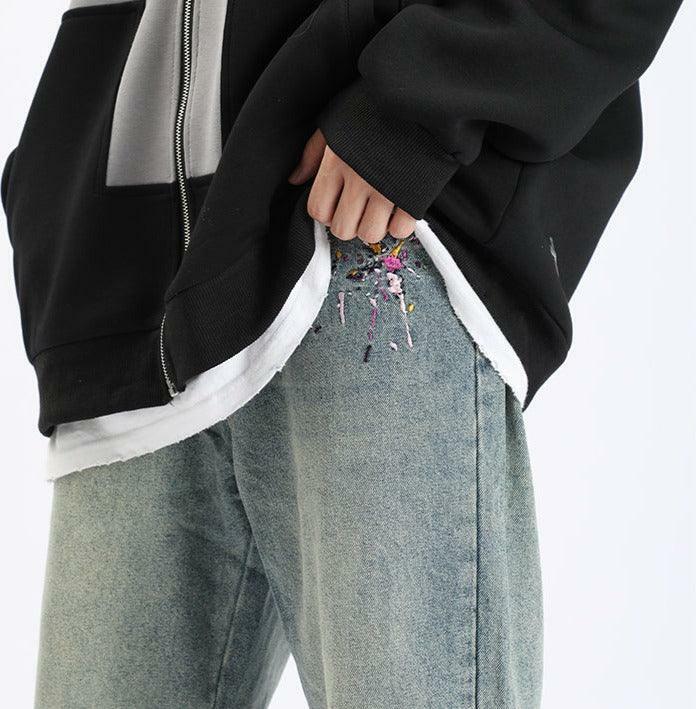 Y2K Grunge Splattered Washed Denim Jeans - Retro 90s Fashion, Summer Y2K Outfits