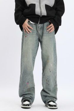 Y2K Grunge Splattered Washed Denim Jeans - Retro 90s Fashion, Summer Y2K Outfits