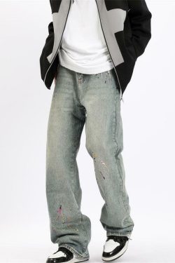 Y2K Grunge Splattered Washed Denim Jeans - Retro 90s Fashion, Summer Y2K Outfits