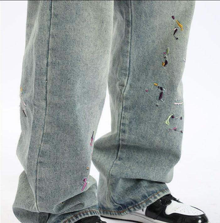 Y2K Grunge Splattered Washed Denim Jeans - Retro 90s Fashion, Summer Y2K Outfits