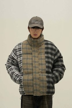 Y2K Grunge Spliced Flannel Puffer Jacket - Retro 90s Fashion, Summer & Party Outfits