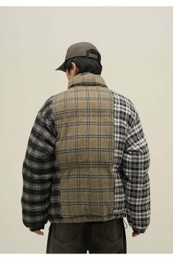 Y2K Grunge Spliced Flannel Puffer Jacket - Retro 90s Fashion, Summer & Party Outfits