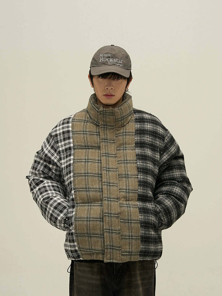 Y2K Grunge Spliced Flannel Puffer Jacket - Retro 90s Fashion, Summer Outfits, and Clubwear