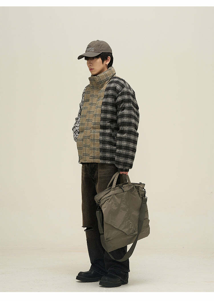 Y2K Grunge Spliced Flannel Puffer Jacket - Retro 90s Fashion, Summer Outfits, and Clubwear