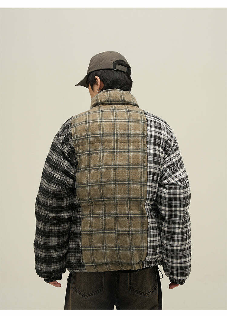 Y2K Grunge Spliced Flannel Puffer Jacket - Retro 90s Fashion, Summer Outfits, and Clubwear