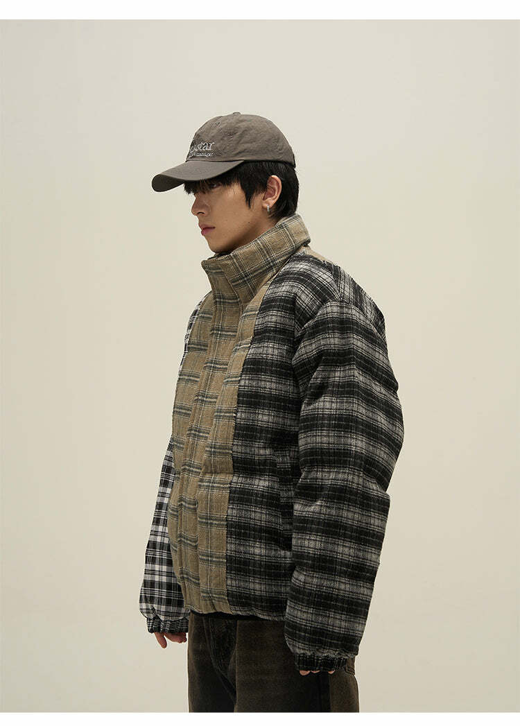 Y2K Grunge Spliced Flannel Puffer Jacket - Retro 90s Fashion, Summer Outfits, and Clubwear