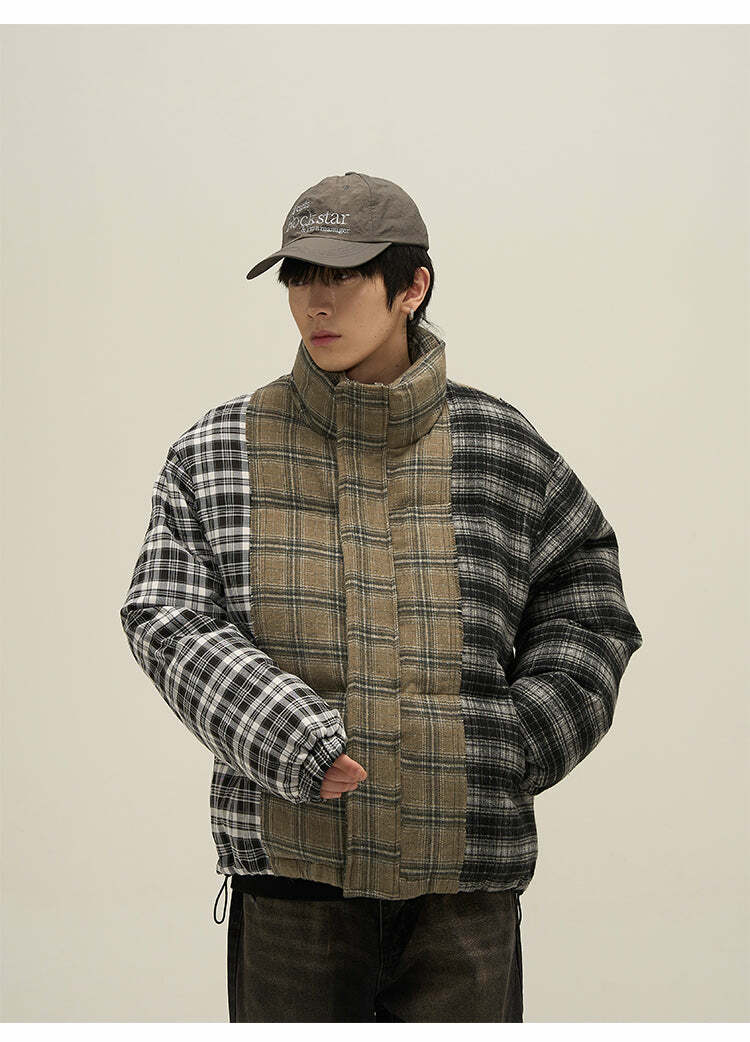Y2K Grunge Spliced Flannel Puffer Jacket - Retro 90s Fashion, Summer Outfits, and Clubwear