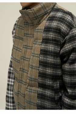 Y2K Grunge Spliced Flannel Puffer Jacket - Retro 90s Fashion, Summer Outfits, and Clubwear