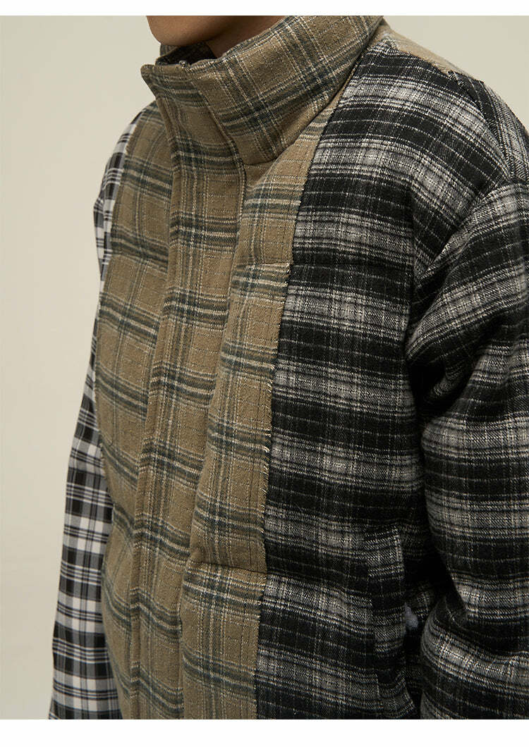 Y2K Grunge Spliced Flannel Puffer Jacket - Retro 90s Fashion, Summer Outfits, and Clubwear