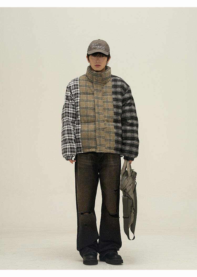 Y2K Grunge Spliced Flannel Puffer Jacket - Retro 90s Fashion, Summer Outfits, and Clubwear