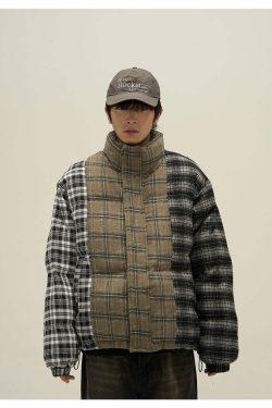 Y2K Grunge Spliced Flannel Puffer Jacket - Retro 90s Fashion, Summer Outfits, and Clubwear