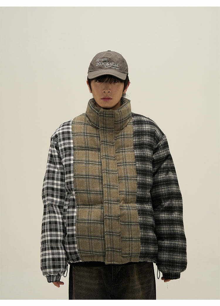 Y2K Grunge Spliced Flannel Puffer Jacket - Retro 90s Fashion, Summer Outfits, and Clubwear