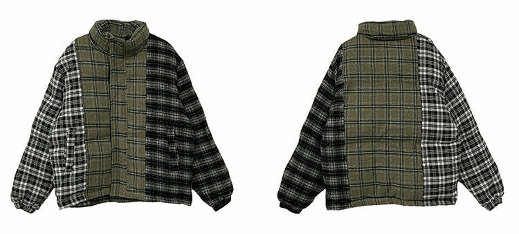 Y2K Grunge Spliced Flannel Puffer Jacket - Retro 90s Fashion, Summer Outfits, and Clubwear