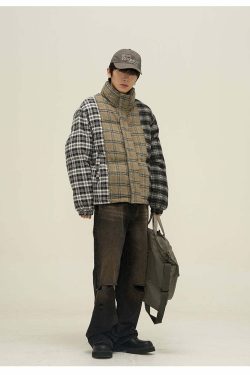 Y2K Grunge Spliced Flannel Puffer Jacket - Retro 90s Fashion, Summer Outfits, and Clubwear