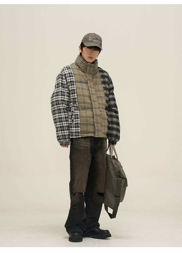 Y2K Grunge Spliced Flannel Puffer Jacket - Retro 90s Fashion, Summer Outfits, and Clubwear