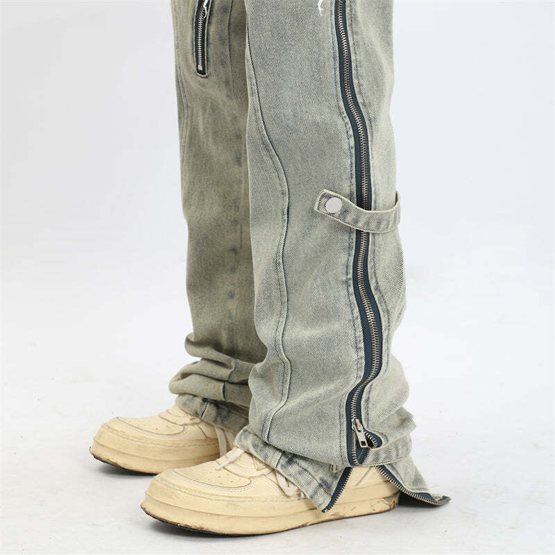Y2K Grunge Split Cut Zipper Pants - Retro 90s Fashion, Summer Y2K Outfits, Gothic Y2K Style