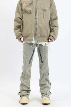 Y2K Grunge Split Cut Zipper Pants - Retro 90s Fashion, Summer Y2K Outfits, Gothic Y2K Style