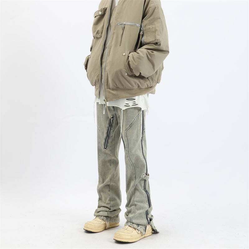 Y2K Grunge Split Cut Zipper Pants - Retro 90s Fashion, Summer Y2K Outfits, Gothic Y2K Style