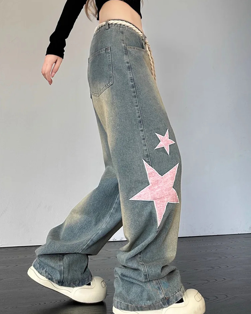 Y2K Grunge Star-Studded Jeans - 90s Retro Summer Outfit for Women, Perfect for Parties & Clubs