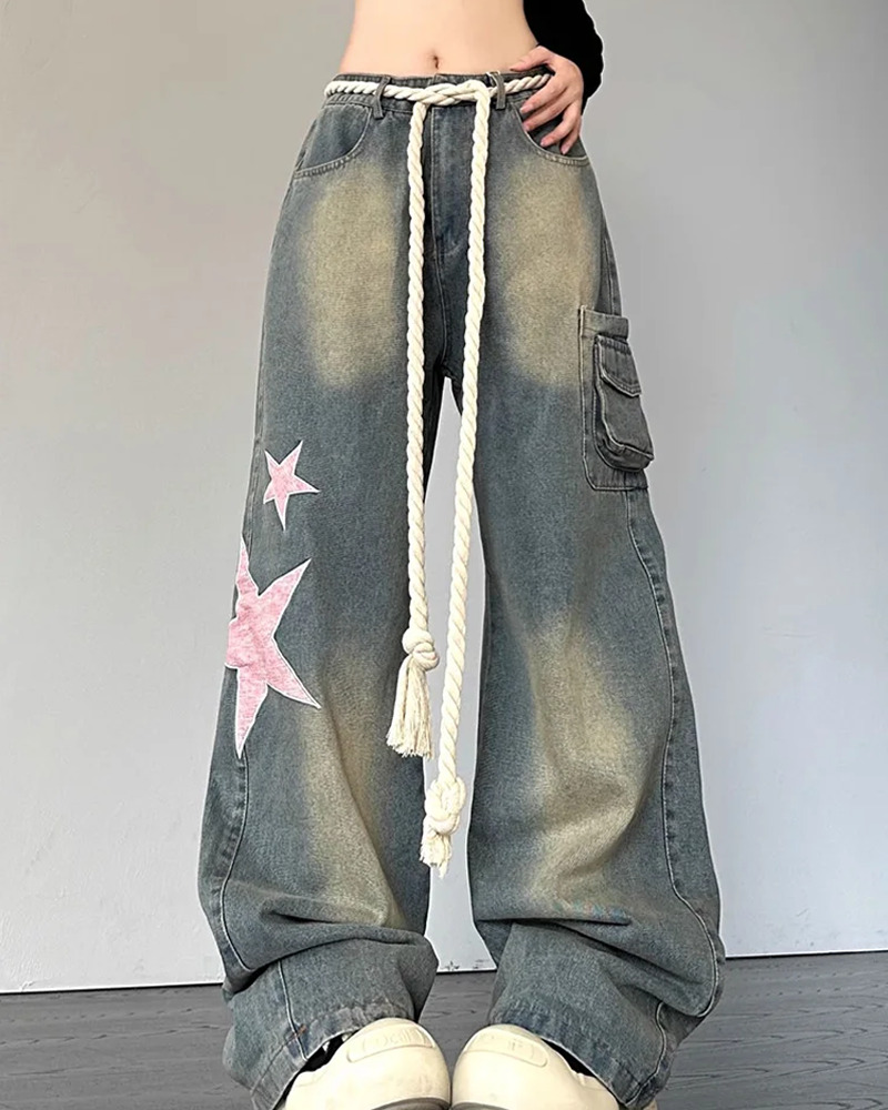 Y2K Grunge Star-Studded Jeans - 90s Retro Summer Outfit for Women, Perfect for Parties & Clubs