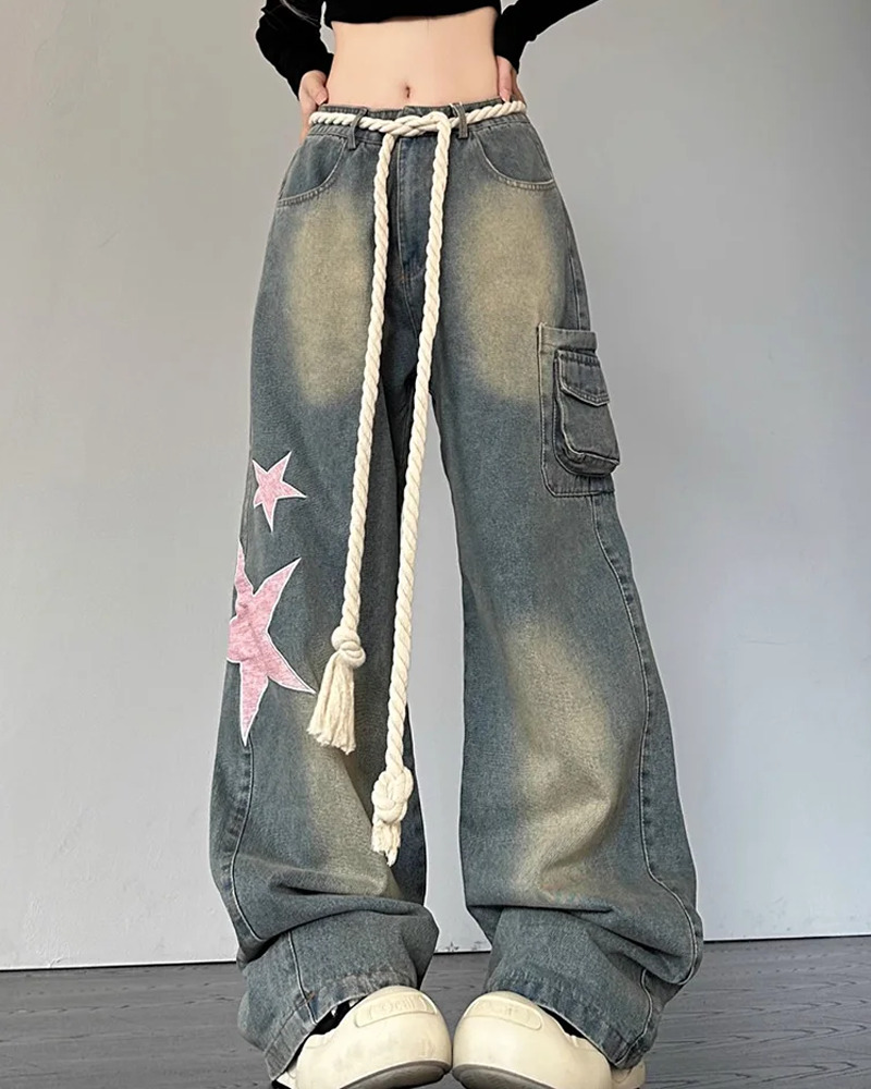 Y2K Grunge Star-Studded Jeans - 90s Retro Summer Outfit for Women, Perfect for Parties & Clubs
