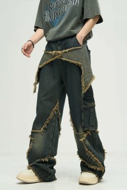 Y2K Grunge Star Stitched Jeans - Retro 90s Fashion, Summer Y2K Outfits, Gothic Y2K Style