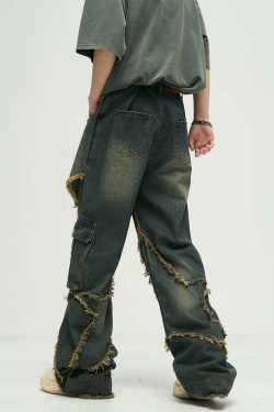 Y2K Grunge Star Stitched Jeans - Retro 90s Fashion, Summer Y2K Outfits, Gothic Y2K Style
