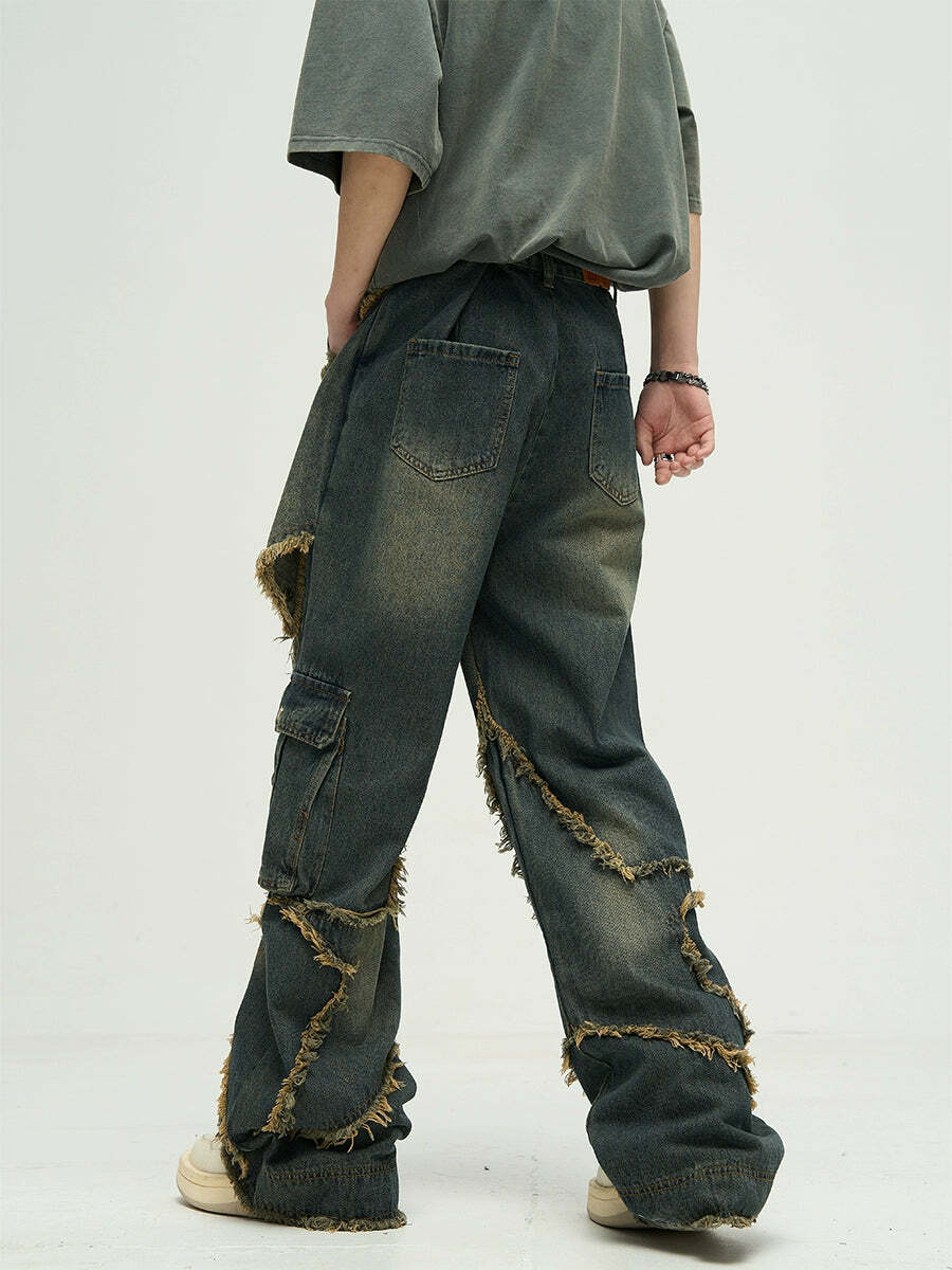 Y2K Grunge Star Stitched Jeans - Retro 90s Fashion, Summer Y2K Outfits, Gothic Y2K Style