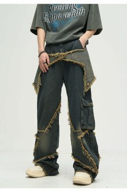 Y2K Grunge Star Stitched Jeans - Retro 90s Fashion, Summer Y2K Outfits, Gothic Y2K Style