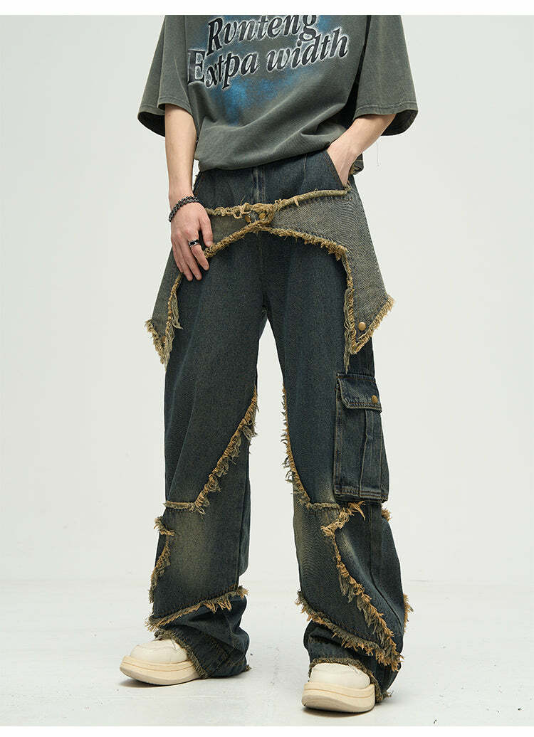 Y2K Grunge Star Stitched Jeans - Retro 90s Fashion, Summer Y2K Outfits, Gothic Y2K Style