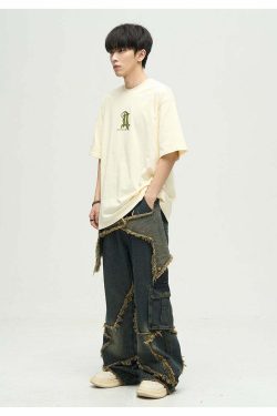 Y2K Grunge Star Stitched Jeans - Retro 90s Fashion, Summer Y2K Outfits, Gothic Y2K Style
